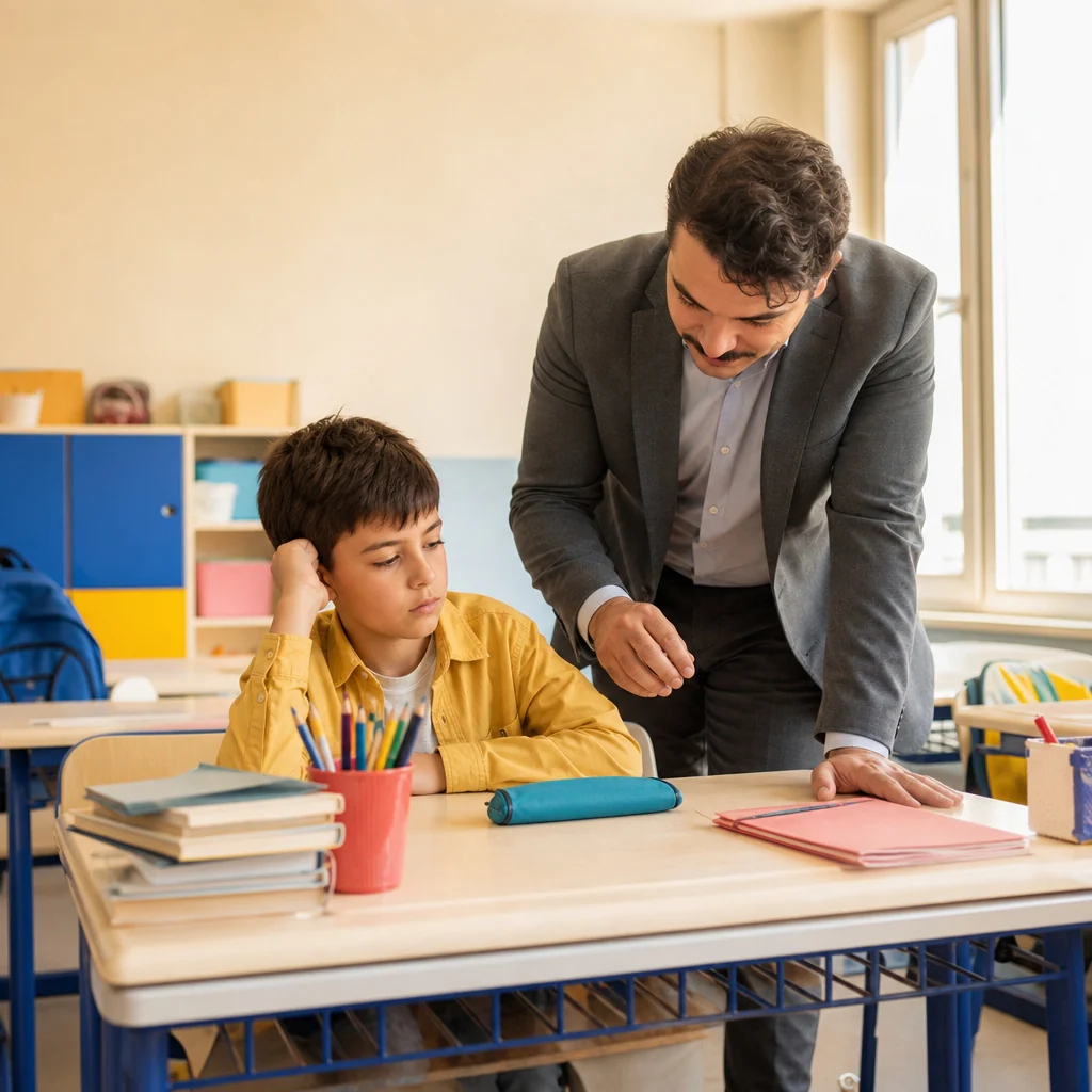 Sınıfta dikkat ve davranış sorunları yaşayan bir öğrencinin masasını düzenlemesine destek olan öğretmen.