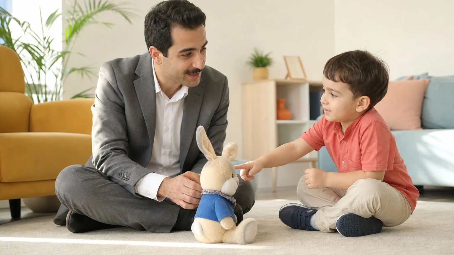 ADOS-2 Testi Uygulaması ADOS-2 testi uygulaması sırasında oyuncak tavşanla ortak dikkat çalışması yapan çocuk ve uzman.