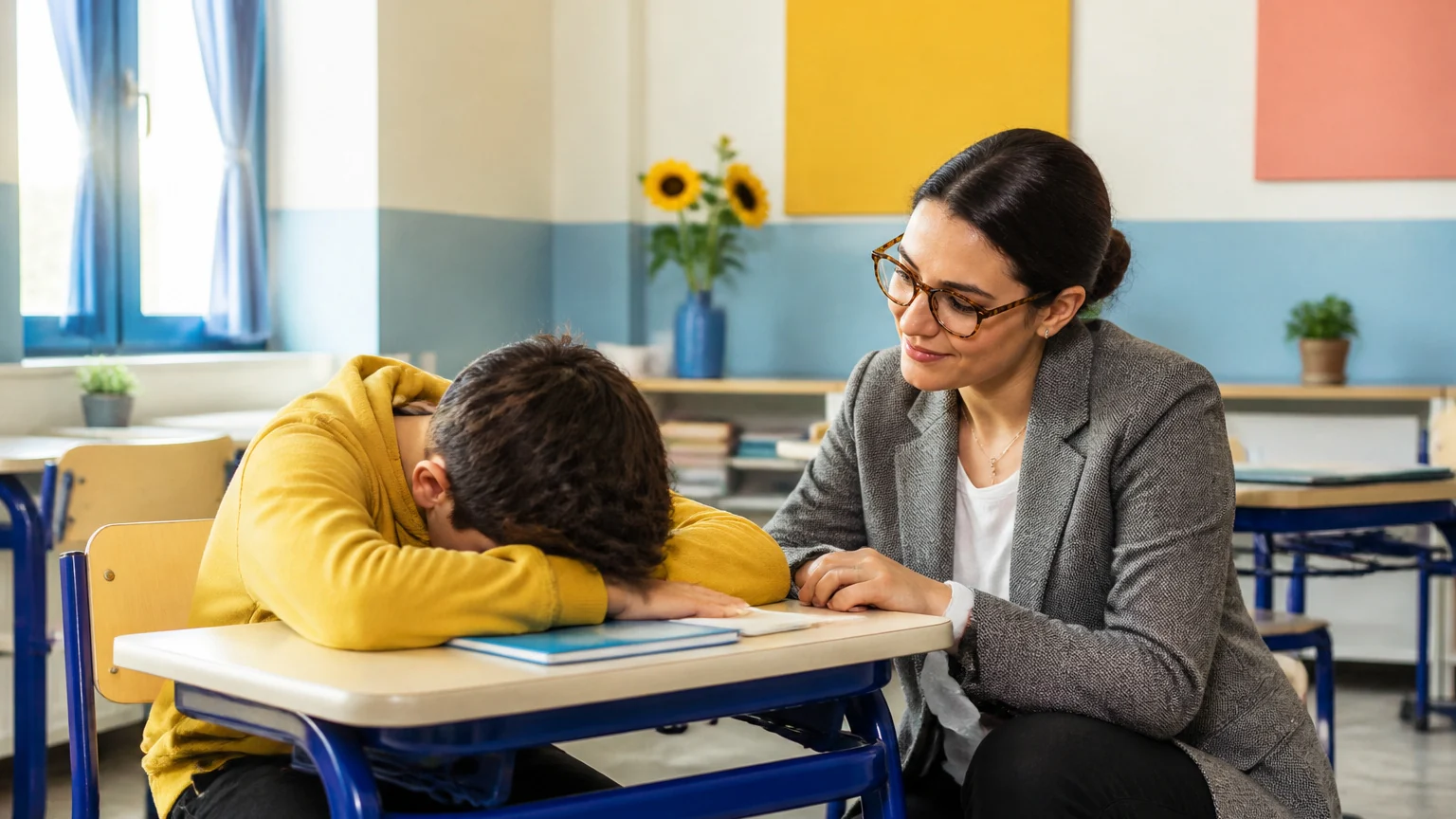 Çocuk ve ergen depresyon tedavisi sürecinde öğretmeniyle konuşan öğrenci.