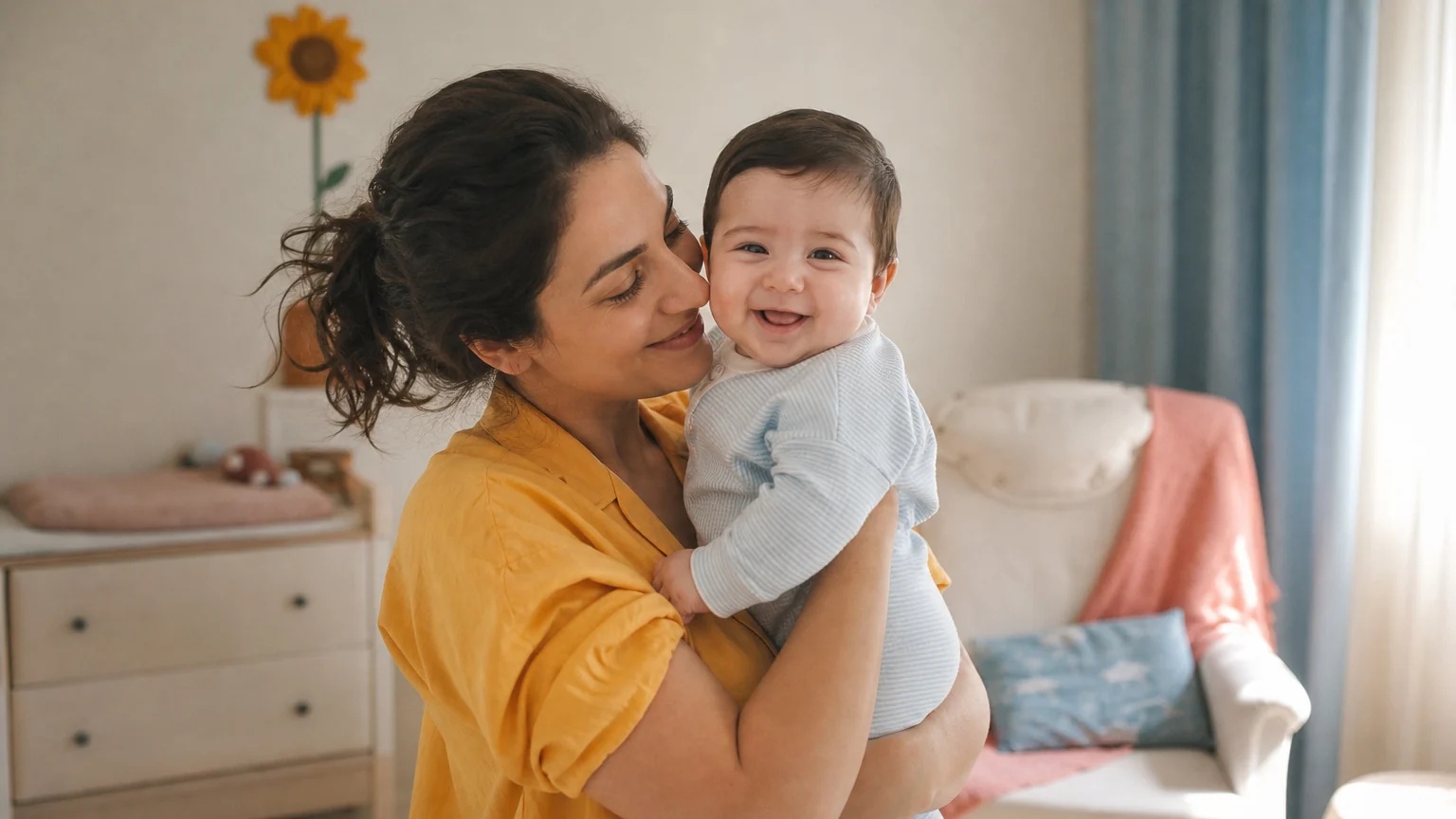 Çocuklarda güvenli bağlanma neden önemlidir sorusunun yanıtı için anne bebeğine sarılıyor.